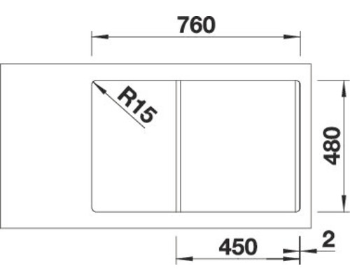 Technische tekening van een spoelbak met maataanduidingen