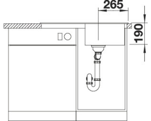 Technische tekening van een spoelbak met maataanduidingen