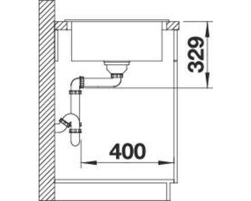 Technische tekening van een gootsteen met afmetingen 400 en 329 millimeter.