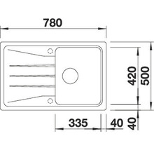 Tekening van een spoelbak met afmetingen van 780 x 500 millimeter.