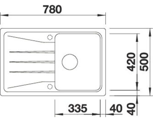 Tekening van een spoelbak met afmetingen van 780 x 500 millimeter.