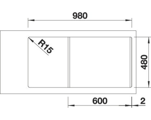 Tekening van een wastafel met de afmetingen 980, 480 en 600