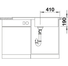 Technische tekening van een gootsteen met de afmetingen 410 bij 190 millimeter.