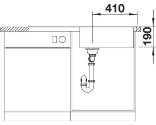 Technische tekening van een gootsteen met de afmetingen 410 bij 190 millimeter.