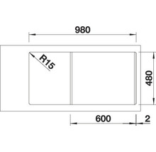 Technische tekening van een spoelbak met de afmetingen 980, 480 en 600 millimeter