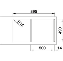 Technische tekening van een spoelbak met de afmetingen 895 x 490 millimeter