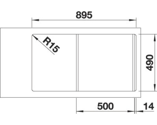 Technische tekening van een spoelbak met de afmetingen 895 x 490 millimeter