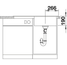 Technische tekening van een spoelbak met afmetingen