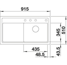 Technische tekening van een spoelbak met afmetingen