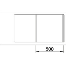 Schets van een gootsteen met twee spoelbakken en een breedte van 500.