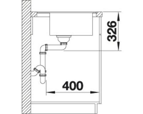 Schema van een spoelbak met afvoer en afmetingen
