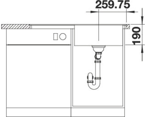 Technische tekening van een spoelbak met afmetingen