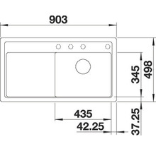 Tekening van een spoelbak met maatvoering