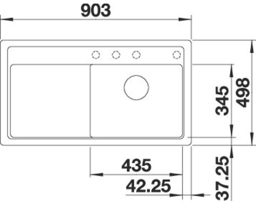 Tekening van een spoelbak met maatvoering