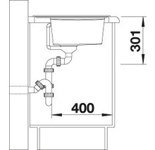 Technische tekening van een gootsteen met afmetingen 301 en 400.