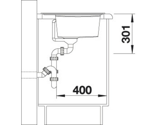 Technische tekening van een gootsteen met afmetingen 301 en 400.