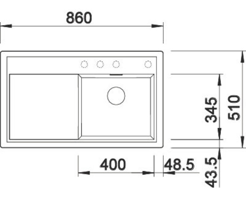 Tekening van een spoelbak met maatvoering