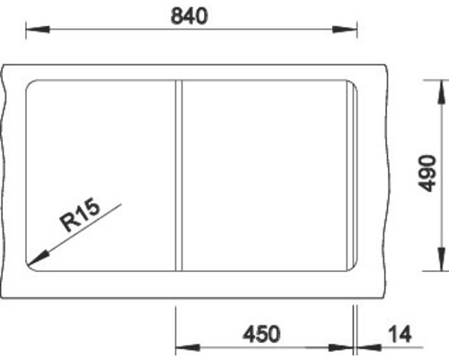 Technische tekening van een wastafel met afmetingen van 840 x 490 millimeter