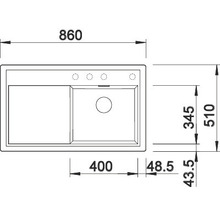 Schets van een spoelbak met afmetingen