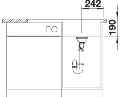 Technische tekening van een spoelbakonderkast met afmetingen