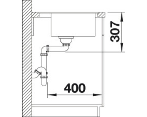 Technische tekening van een wasbak met de afmetingen 307 mm en 400 mm.