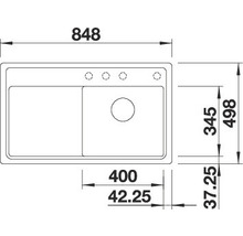 Afmetingen van een spoelbak met twee bakken en afdruipvlak, technische tekening