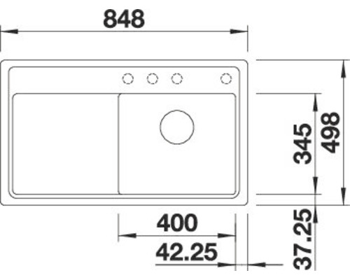 Technische tekening van een spoelbak met maatvoering.