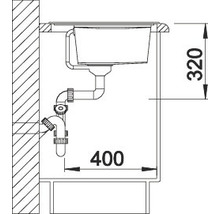 Technische tekening van een spoelbak met afmetingen 320 en 400.