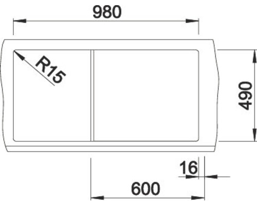 Technische tekening van een gootsteen met maatvoering