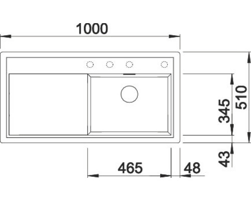 Tekening van een spoelbak met afmetingen