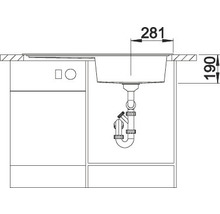 Technische tekening van een spoelbak met afmetingen van 281 en 190 millimeter.