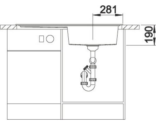 Technische tekening van een spoelbak met afmetingen van 281 en 190 millimeter.