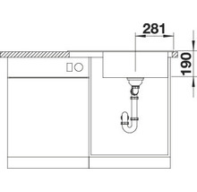 Schets van een spoelbak met afmetingen 281 en 190