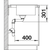 Tekening van een gootsteen met de afmetingen 301 en 400 millimeter