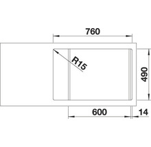 Technische tekening van een spoelbak met de afmetingen 760 x 490 millimeter