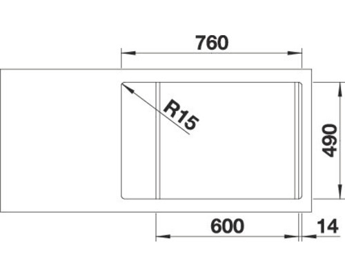 Technische tekening van een spoelbak met de afmetingen 760 x 490 millimeter