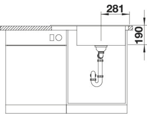 Schets van een spoelbak met onderkast en maataanduidingen