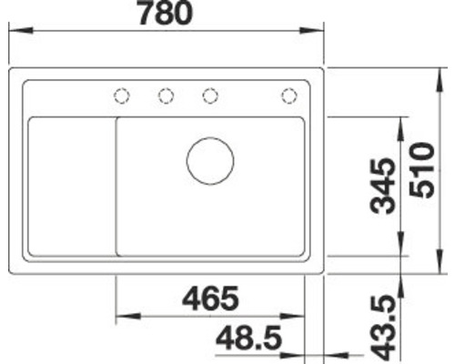 Technische tekening van een spoelbak met maatvoering
