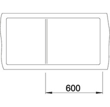Technische tekening van een rechthoekige wastafel met een breedte van 600 millimeter.
