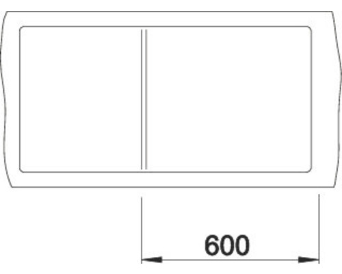 Technische tekening van een rechthoekige wastafel met een breedte van 600 millimeter.