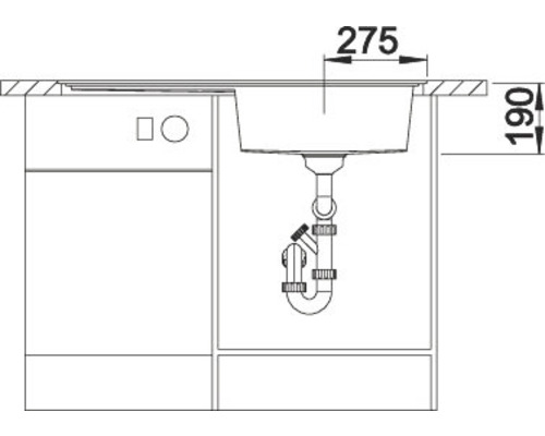 Technische tekening van een spoelbak met maatvoering