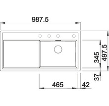 Tekening van een spoelbak met afmetingen