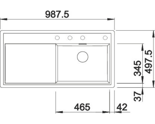Tekening van een spoelbak met afmetingen.