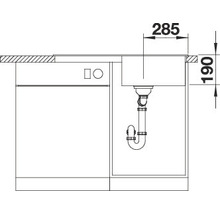 Technische tekening van een spoelbak met afmetingen