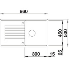 Technische tekening van een spoelbak met de afmetingen 860 x 500 millimeter