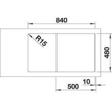 Technische tekening van een spoelbak met de afmetingen 840 x 480 millimeter