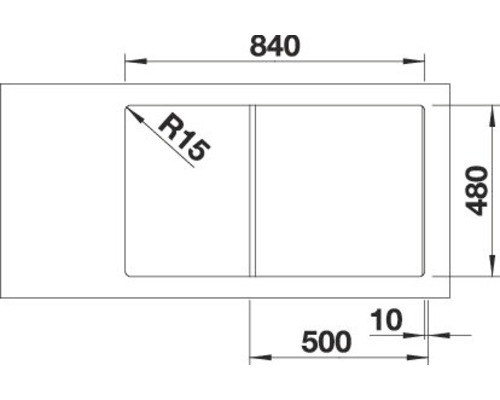 Technische tekening van een spoelbak met de afmetingen 840 x 480 millimeter