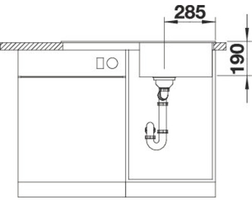 Schema van een aanrechtgootsteen met de afmetingen 285 en 190 millimeter