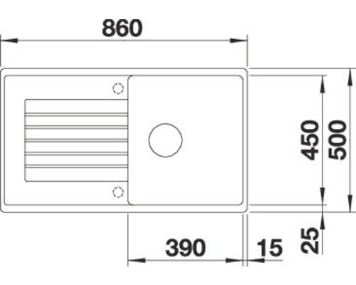 Tekening van een spoelbak met afmetingen van 860 x 500 millimeter.