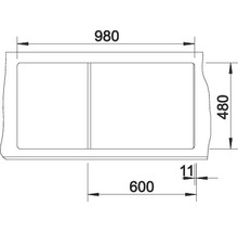Tekening van een douchebak met de afmetingen 980, 480, 600 en 11 millimeter